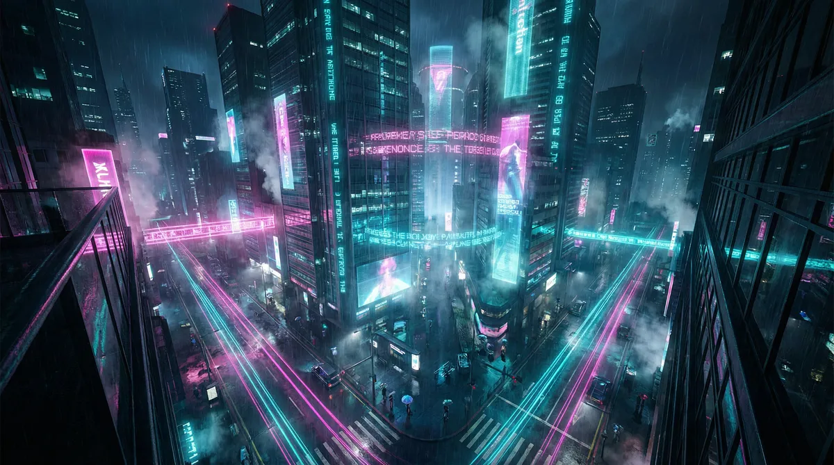 蓝色导航发布页 竖屏短剧平台首页背景 - 赛博朋克都市夜景